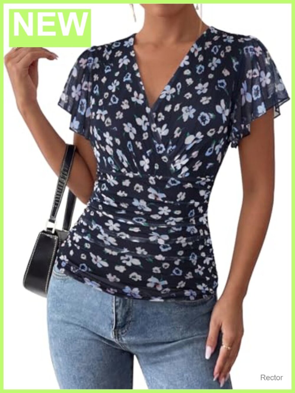 Women's Boho Mesh Blouse with Ruffle Sleeves and Ruched Waist